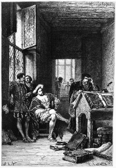Re Francesco I di Francia nella bottega di Robert Estienne, stampa di C. Laplante, illustrazione da 