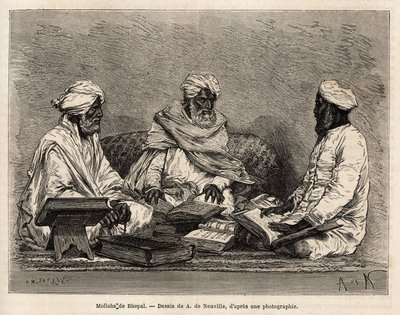 I mullah della moschea di Bhopal, in piena discussione sui punti controversi della religione musulmana, incisione dal disegno di A. de Neuville, che illustra il viaggio in India dei Rajah, nel 1864-1868, di Louis Rousselet, pubblicato in "Le tour du monde" da Alphonse Marie de Neuville
