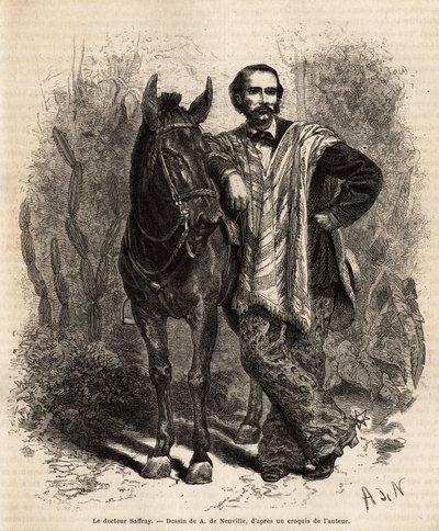 Ritratto del Dr. Saffray, a cavallo, in abiti da viaggio, incisione dal disegno di A. de Neuville, illustrante il viaggio nella Nuova Granada, del Dr. Saffray, nel 1869, pubblicato in "Le tour du monde" 1873, a cura di Edouard Charton, edizione Hachette da Alphonse Marie de Neuville