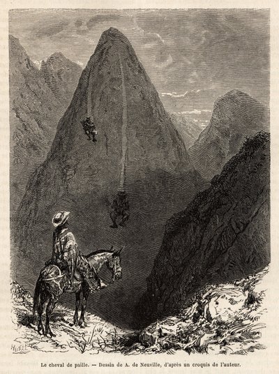 Gli indiani dello stato di Boyaca, che scendono da una montagna coperta di erba su cavalli di paglia, costituiti da un fascio di erba lunga su cui ci si siede a cavalcioni per scendere le pendici a tutta velocità, solo con la forza di gravità, incisione do da Alphonse Marie de Neuville
