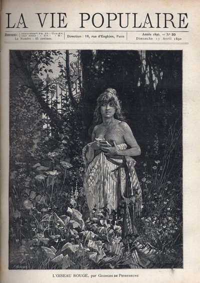 Una giovane donna nuda, in piedi e spettinata, copre il suo corpo con una coperta, circondata da vegetazione e alberi che mascherano una grata in ferro battuto - Illustrazione di Alfons Maria Mucha da Alphonse Mucha