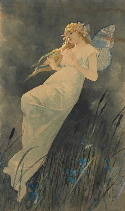 Elfo con fiori di iris da Alphonse Mucha