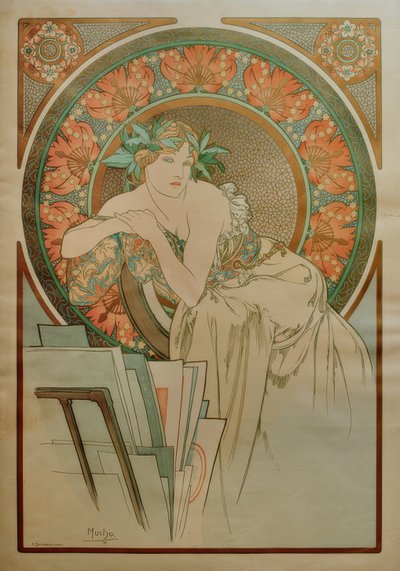 Donna con papaveri e cartella grafica da Alphonse Mucha