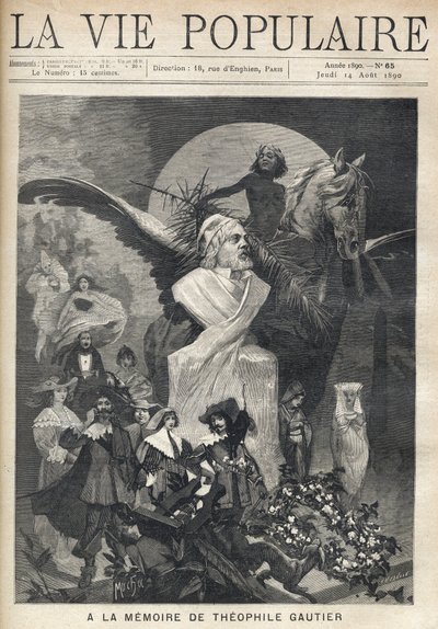 In memoria di Théophile Gautier (1811-1872). Intorno a un busto dello scrittore, i personaggi in costume delle sue opere corrono con tristezza e dignità, sotto lo sguardo di un bambino che incorona allori, cavalcando un cavallo alato. Illustrazione di Alfo da Alphonse Mucha