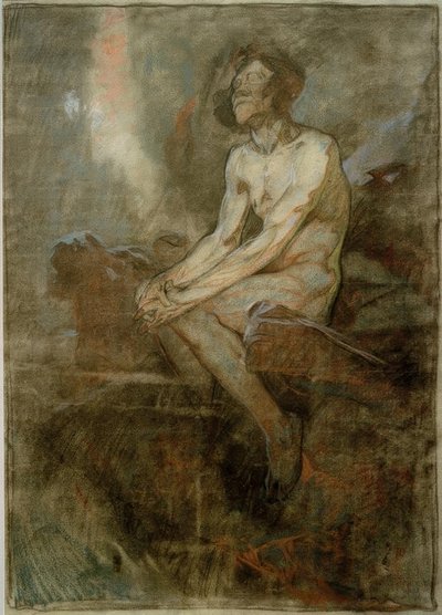 Nudo maschile seduto su una roccia da Alphonse Mucha