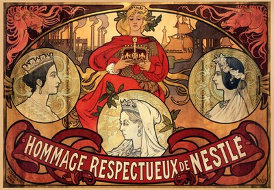 Poster pubblicitario per Nestlé, tributo al Giubileo di Diamante della Regina Vittoria, 1897 da Alphonse Mucha