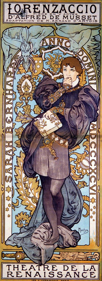 Poster per Lorenzaccio di Alfred de Musset, con Sarah Bernhardt, Parigi, 1896 da Alphonse Mucha