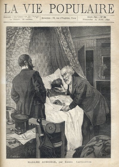 Due uomini si chinano su un letto per vedere la morte di un uomo. Alla porta, altri uomini osservano la scena. Illustrazione di Alfons Maria Mucha da Alphonse Mucha