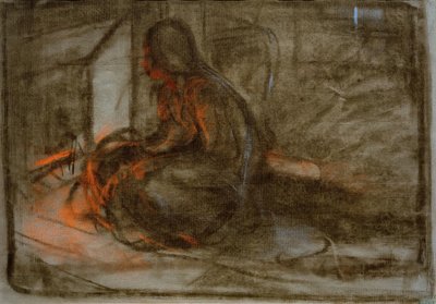 Donna seduta davanti al fuoco da Alphonse Mucha