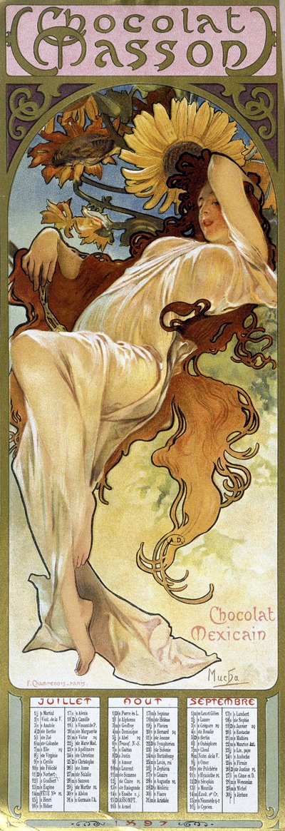 Donna in umore autunnale - di Mucha, calendario "Chocolat Mexicain Chocolat Masson", luglio, agosto, settembre 1897 da Alphonse Mucha
