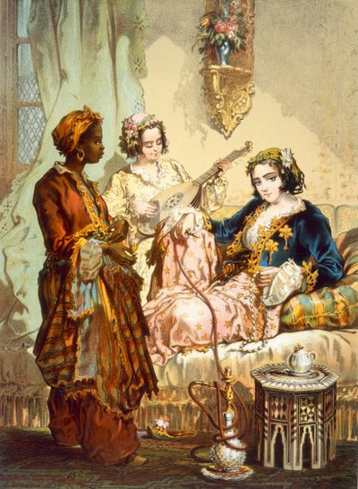 La tazza di caffè: Due donne che prendono il caffè e fumano il narghilè, pub. 1865 da Amadeo Preziosi