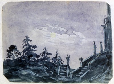 Veduta dei terreni di un castello fantastico al chiaro di luna". Acquerello e gouache. Aurore Amadine Lucie Dupin (1804-1876) romanziera e femminista francese che scrisse con il nome di George Sand. da Amantine Dupin