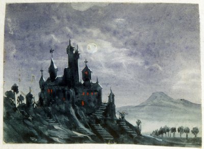 Veduta di un castello fantastico al chiaro di luna". Acquerello e gouache. Aurore Amadine Lucie Dupin (1804-1876) scrittrice e femminista francese che scrisse con il nome di George Sand. da Amantine Dupin