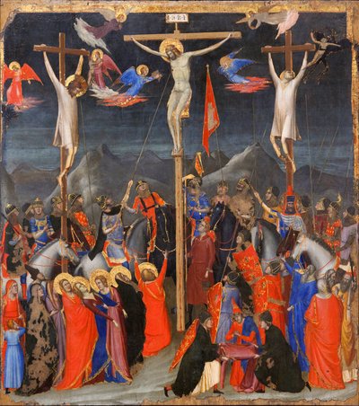 La Crocifissione - Ai lati, rappresentazione del buon ladrone (anche chiamato San Disma) e del cattivo ladrone (Gestas), due ladroni crocifissi con Gesù Cristo - Iscrizione INRI sulla croce - Dipinto di Gio da Ambrogio Bondone (workshop) Giotto