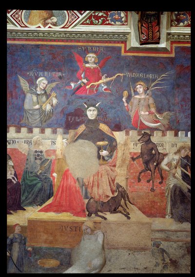 Allegoria del Cattivo Governo, dettaglio di Avarizia, Orgoglio, Vanità, Tirannia, Frode e Rabbia, 1338-40 da Ambrogio Lorenzetti