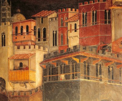 Effetti del Buon Governo in città, case, dettaglio da Allegoria ed effetti del buon e cattivo governo in città e campagna di Ambrogio Lorenzetti da Ambrogio Lorenzetti