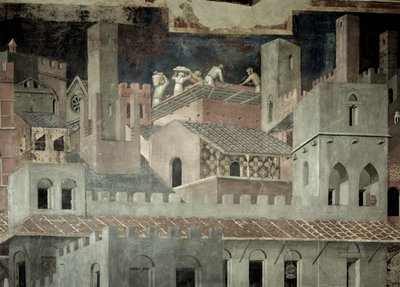 Effetti del buon governo in città, dettaglio di architettura e costruzione di una casa da Ambrogio Lorenzetti