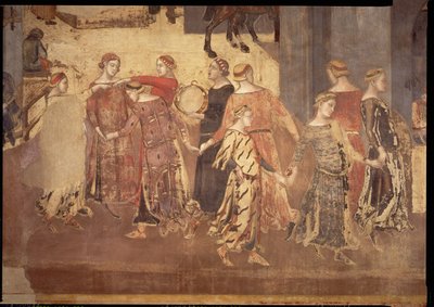 Effetti del Buon Governo in città, dettaglio di ballerini e suonatori di tamburello, 1338-40 da Ambrogio Lorenzetti