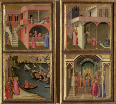 Quattro scene della vita di San Nicola: San Nicola dà la dote a tre ragazze; San Nicola eletto Vescovo di Mira; Resuscita un ragazzo strangolato dal Diavolo; Libera Mira dalla carestia da Ambrogio Lorenzetti