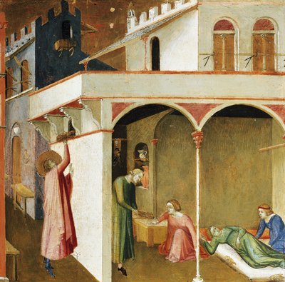 Nicola getta denaro nella casa di tre giovani ragazze per evitare loro la prostituzione, dotandole per il matrimonio (Scene della vita di San Nicola) da Ambrogio Lorenzetti