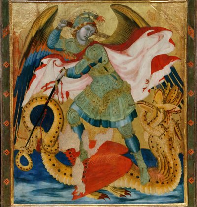 San Michele Arcangelo che uccide il drago tra i santi Benedetto e Bartolomeo da Ambrogio Lorenzetti