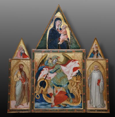 San Michele Arcangelo che uccide il drago tra i santi Benedetto e Bartolomeo da Ambrogio Lorenzetti