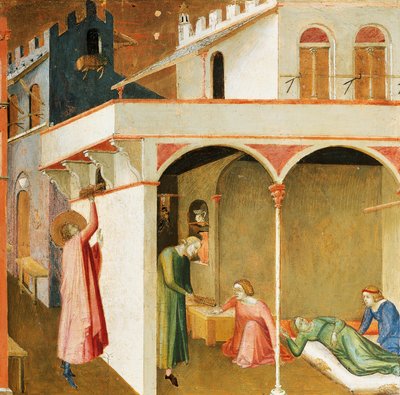 San Nicola che offre la dote a tre ragazze povere, dettaglio dai miracoli di San Nicola di Bari da Ambrogio Lorenzetti