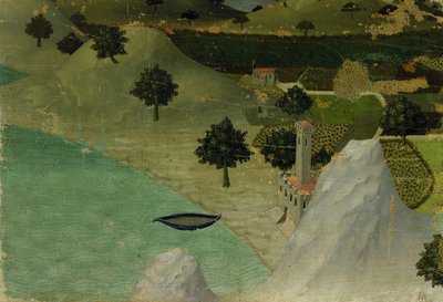 Vista di un castello sul bordo di un lago da Ambrogio Lorenzetti