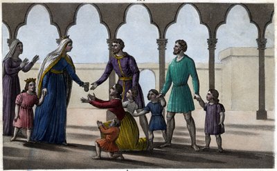 Batilde (o Bathilde, moglie di Clodoveo II) abolisce un costoso tributo che i Galli pagavano per testa, piccoli e grandi. - Abbazia di Chelles. Disegnato e inciso da Ambroise Tardieu nel 1825 da Ambroise Tardieu