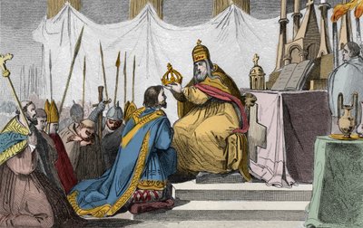Carlo Magno (742-814) incoronato da Papa Leone III (ca. 750-816) nella basilica di San Pietro a Roma il 25 dicembre 800 - Incoronazione di Carlo Magno nel 800 da Papa Leone III - Incisione del 1825 in 