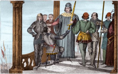 Carlo V il Saggio presenta la sua spada a Duguesdin - Incisione del 1825 in 