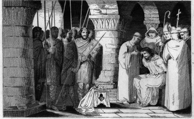 Childerico III (714-751) è detronizzato e confinato in un monastero - Childerico III detronizzato e rinchiuso da Pipino il Breve in un monastero a Saint Omer tra il 742-749 - Incisione del 1825 in "Histoire de France" da Ambroise Tardieu