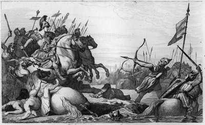 Clodione il Capelluto si ritira attraverso il ponte dopo la sua sconfitta da parte di Ezio - Clodione è sconfitto da Ezio, generale di Valentiniano III da Ambroise Tardieu