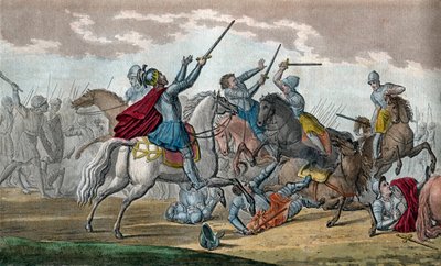 Clodoveo I (466-511), Re dei Franchi, Dinastia dei Merovingi - Durante la Battaglia di Tolbiac contro gli Alemanni, promise di convertirsi al Cattolicesimo se Dio gli avesse concesso la vittoria - Disegno e incisione di Ambroise Tardieu nel 1825 da Ambroise Tardieu