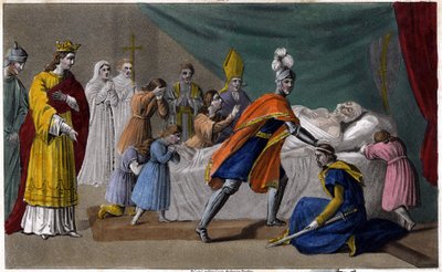 Morte di Pipino di Herstal (635-714) circondato dalla sua famiglia - Disegnato e inciso da Ambroise Tardieu nel 1825 da Ambroise Tardieu