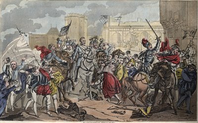 Entrata di Enrico IV a Parigi: Enrico IV (1553 - 1610). La conversione del re al cattolicesimo diede il colpo finale alla Lega, aprì le porte di Parigi e il cuore dei suoi sudditi, nel 1594. Disegnato e inciso da Ambroise Tardieu nel 1825. da Ambroise Tardieu