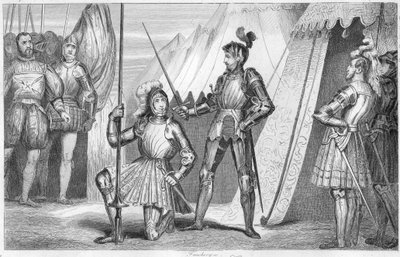 Francesco I di Francia chiede di essere nominato cavaliere dal cavaliere Bayard dopo la vittoria alla battaglia di Marignano, Italia da Ambroise Tardieu