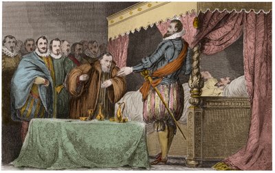 Enrico III (1551-1589), Re di Francia, riconosce sul letto di morte Enrico di Navarra (Enrico IV) come suo legittimo successore - Saint-Cloud, 2 agosto da Ambroise Tardieu