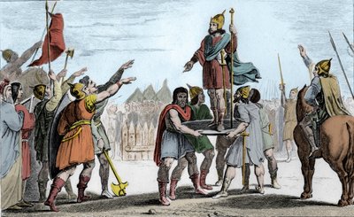 Faramondo I (c370-427), Re dei Franchi. Sollevato su uno scudo dal suo popolo che lo ha eletto re - Faramondo, riconosciuto dai Franchi-Sali e dai Galli riuniti in un unico popolo, viene sollevato su uno scudo e cammina intorno al campo in trionfo da Ambroise Tardieu