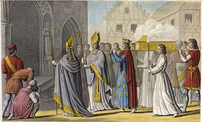Filippo III fece un servizio solenne a Notre-Dame e portò la bara a piedi fino a Saint-Denis che conteneva la testa e le ossa di San Luigi, la carne e le viscere essendo state poste in una tomba vicino a Palermo in Sicilia - Regno di Filippo III di Francia da Ambroise Tardieu