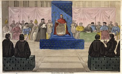 Filippo IV riunisce al Louvre gli Stati Generali, composti da clero, nobiltà e borghesia prominente o terzo stato che fu ammesso per la prima volta nel 1301 - Disegnato e inciso da Ambroise Tardieu nel 1825 da Ambroise Tardieu