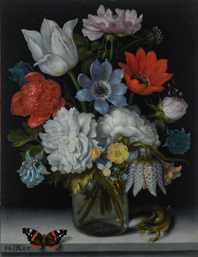 Olandese: Fiori in una fiaschetta di vetro su un ripiano di marmo, affiancati da una farfalla Red Admiral e da una lucertola Natura morta di fiori in una fiaschetta di vetro su un ripiano di marmo, affiancati da una farfalla Red Admiral e da una lucertola da Ambrosius Bosschaert