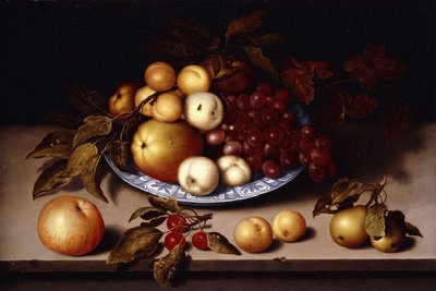 Pesche, mele, albicocche e uva in una ciotola di porcellana Wanli Kraak con ciliegie, pere, albicocche e una mela su un ripiano da Ambrosius the Elder Bosschaert