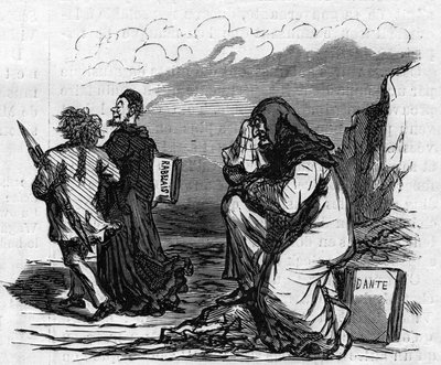 Il povero Dante inizia a piangere quando vede Gustave Doré braccio a braccio con quel piccolo uomo di Rabelais. Caricatura di Cham. Incisione in 