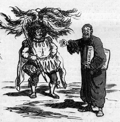 Gioia di Rabelais vedendo Gustave Doré identificarsi pienamente con gli uomini dei suoi scritti. Caricatura di Cham. Incisione in 