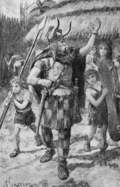 Gli abitanti celtici di un villaggio in Britannia partono per respingere i Teutoni invasori da Amedee (after) Forestier