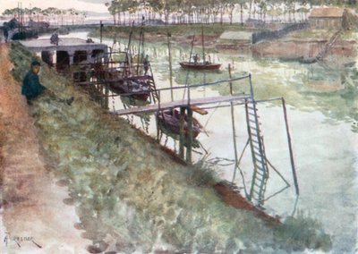 Il molo, con le anguille e gli approdi, Nieuport (litografia a colori) da Amedee (after) Forestier
