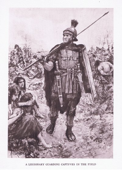 Un legionario che sorveglia prigionieri in un campo, illustrazione da Il Soldato Romano, 1928 da Amedee Forestier