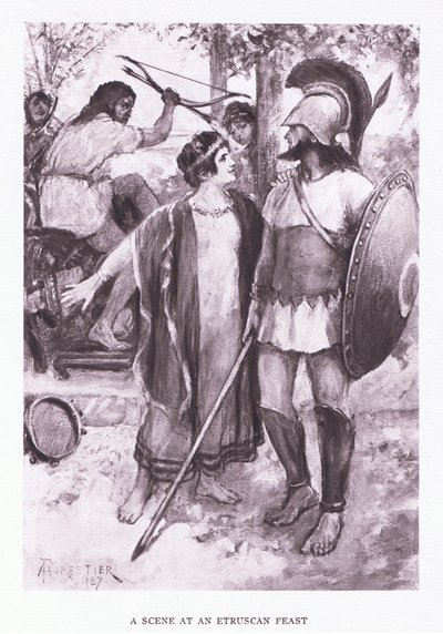 Una scena a un banchetto etrusco, illustrazione da Il Soldato Romano, 1928 da Amedee Forestier