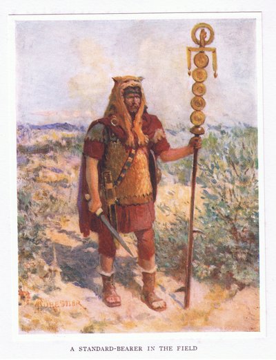 Un portabandiera sul campo, illustrazione da Il Soldato Romano, 1928 da Amedee Forestier